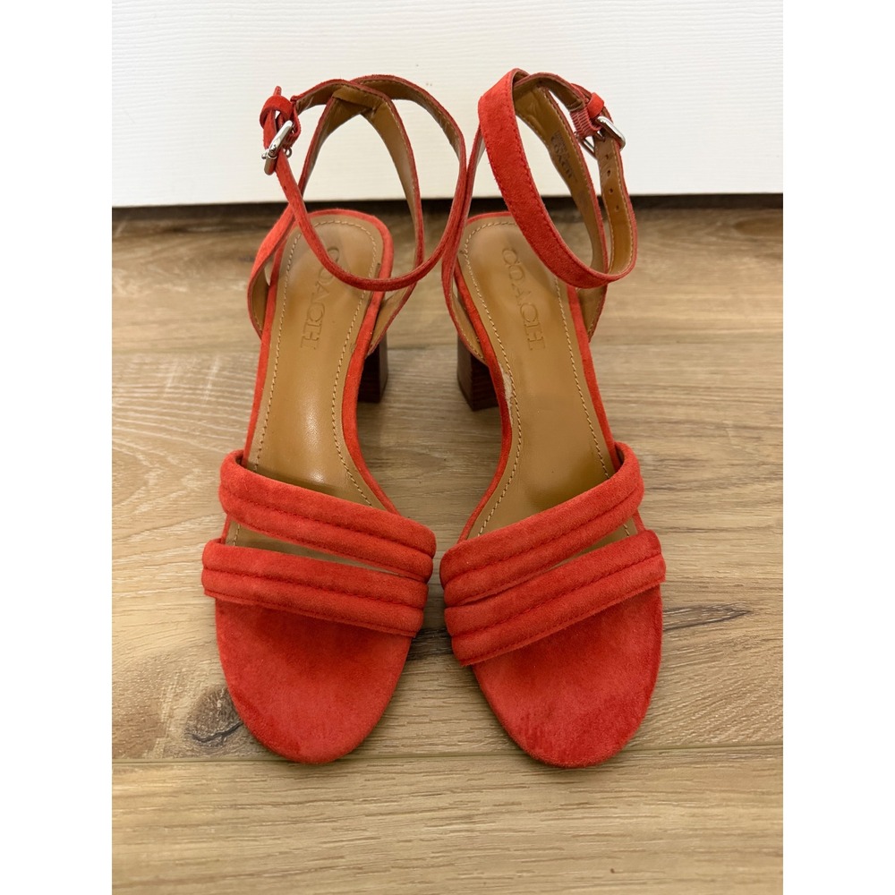 Coach Coral Red Suede Block Heel Ankle Strap Sandals Women's Size 7.5B